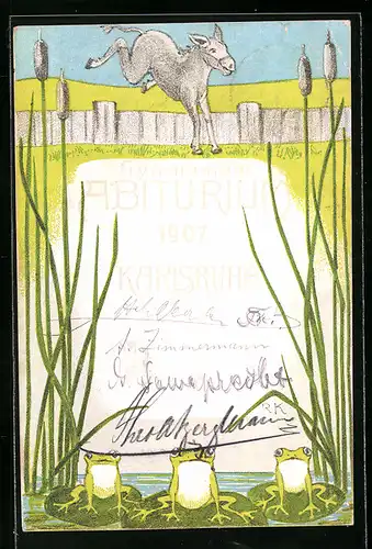 Künstler-AK Karlsruhe, Gymnasium Abiturium 1907, Esel und Frösche