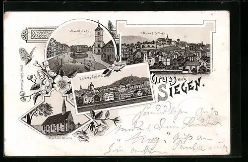 Lithographie Siegen, Oberes Schloss, Unteres Schloss, Martini-Kirche