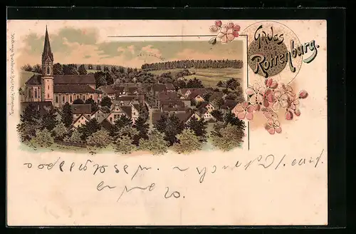 Lithographie Rottenburg, Teilansicht mit Kirche