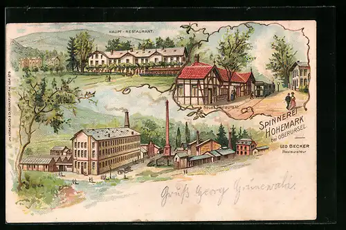 Lithographie Oberursel, Spinnerei Hohemark, Haupt-Restaurant, Neues Restaurant mit Strassenbahn