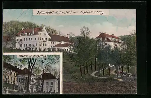 AK Krumbad /Schwaben, Hotel mit Adelheidsburg, Pavillon im Kurgarten