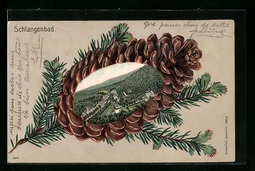 Passepartout-Lithographie Schlangenbad, Teilansicht im Tannenzapfen