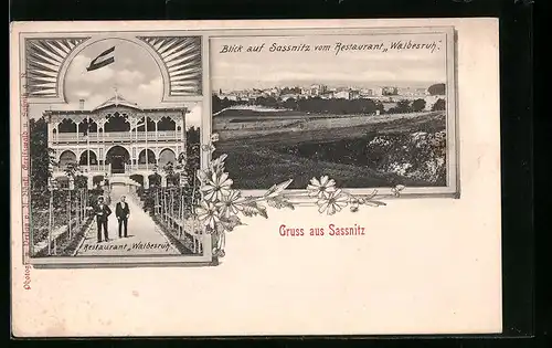 AK Sassnitz, Restaurant Waldesruh, Blick auf den Ort