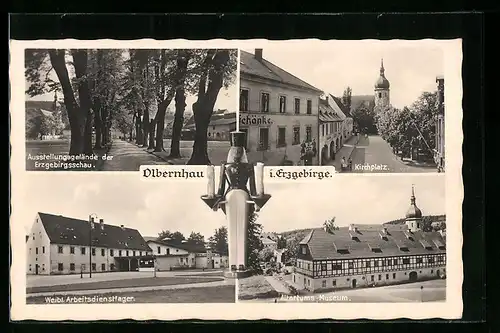 AK Olbernhau /Erzgeb., Ausstellungsgelände der Erzgebirgsschau, Weibl. Arbeitsdienstlager, Alterthums-Museum