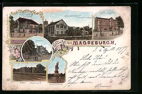 Lithographie Magdeburg-Neustadt, Gasthaus Vogelsang, Bahnhof, Nicolaikirche mit Kriegerdenkmal