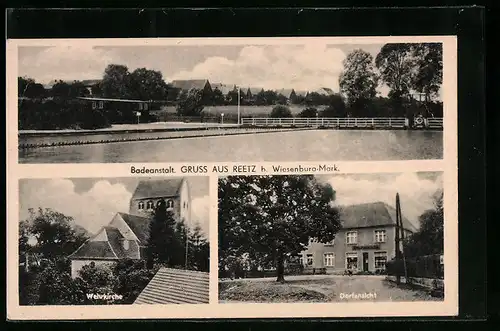 AK Reetz b. Wiesenburg-Mark, Dorfansicht mit Geschäft, Badeanstalt, Wehrkirche