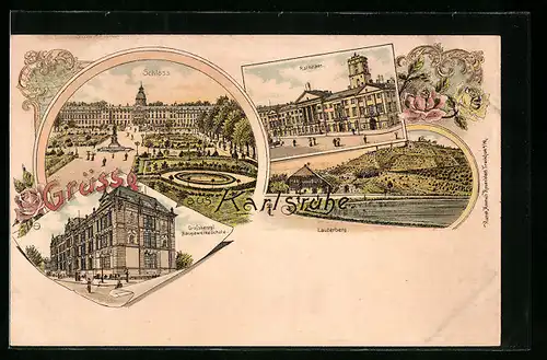Lithographie Karlsruhe, Schloss, Rathaus, Grossherzogliche Baugewerkeschule