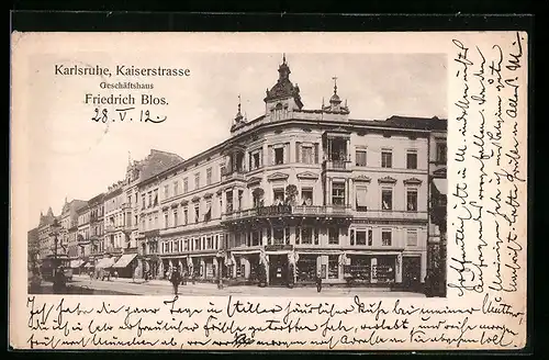 AK Karlsruhe, Kaiserstrasse mit Geschäftshaus Friedrich Blos