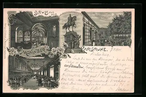 Lithographie Karlsruhe, Gartenrestaurant Moninger, Grosser Saal, Denkmal Kaiser Wilhelm I.
