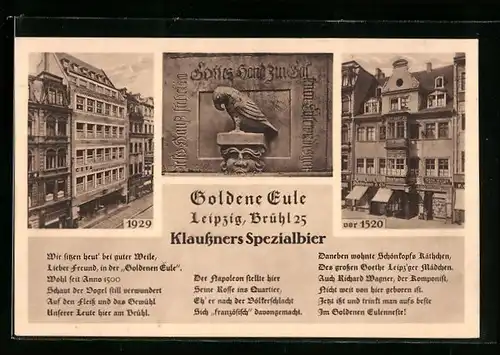 AK Leipzig, Gasthaus Goldene Eule 1520 und 1929, Hausinschrift, Brühl 25