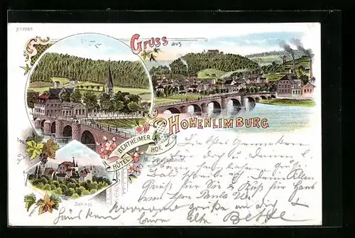 Lithographie Hohenlimburg, Ansicht vom Schloss, Teilansicht mit Brücke