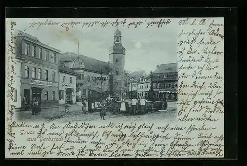 Mondschein-AK Gerbstedt, Strassenpartie mit Bäckerei von Fritz Koch