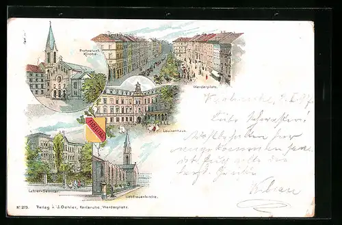 Lithographie Karlsruhe, Protestant. Kirche, Lehrer-Seminar, Werderplatz