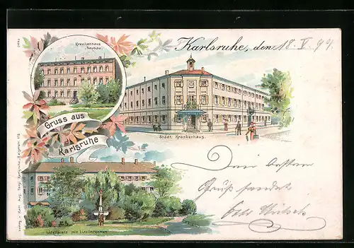 Lithographie Karlsruhe, Städtisches Krankenhaus mit Neubau, Lidellplatz mit Lidellbrunnen