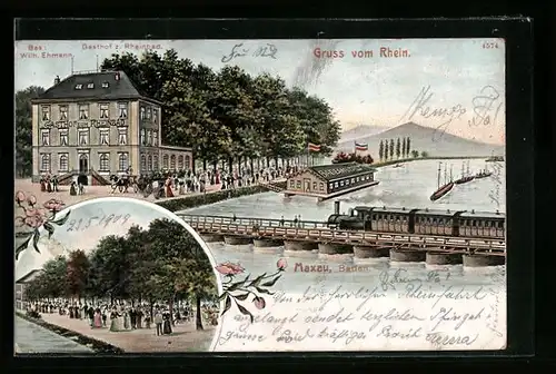 AK Maxau /Baden, Gasthof zurm Rheinbad mit Promenade, Badeanstalt und Eisenbahnbrücke