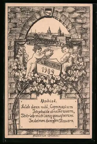 Künstler-AK Karlsruhe, Maturum 1909, Ortspartie im Burgfenster-Rahmen, Putten mit Lorbeerkranz und Mandoline