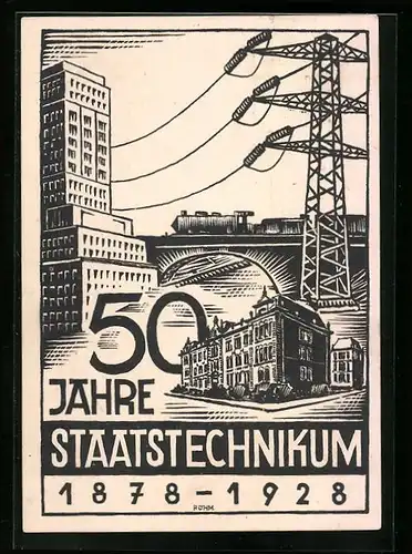 Künstler-AK Karlsruhe, 50 Jahre Staatstechnikum 1878-1928, Gebäudeansicht, Eisenbahn