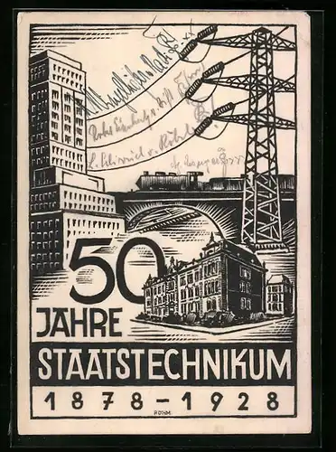 Künstler-AK Karlsruhe, 50 Jahre Staatstechnikum 1878-1928, Gebäudeansicht, Eisenbahn