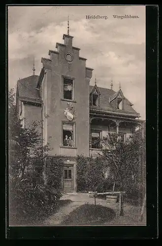 AK Heidelberg, Wingolfshaus mit Studenten im Fenster