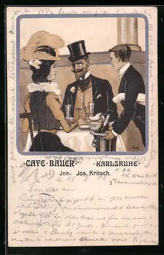 Künstler-AK Karlsruhe, Cafe Bauer J. Kritsch, Paar am Tisch mit Sekt servierendem Ober