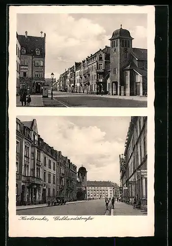 AK Karlsruhe, Gebhardstrasse mit Burgerhof und Passanten