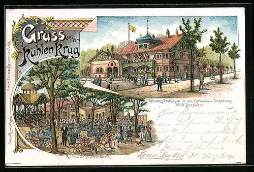 Lithographie Karlsruhe, Gasthaus Kühler Krug mit Strasse und Garten mit Musik-Pavillon
