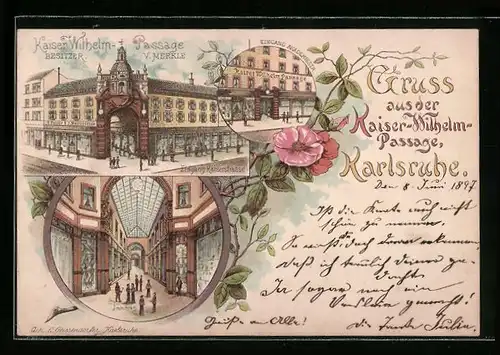 Lithographie Karlsruhe, Kaiser-Wilhelm-Passage, Eingang Kaiserstrasse, Inneres