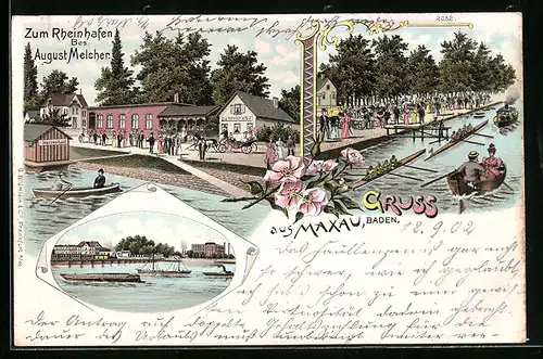 Lithographie Maxau /Baden, Gasthaus zum Rheinhafen August Melcher mit Herrenbad und Bootspartie