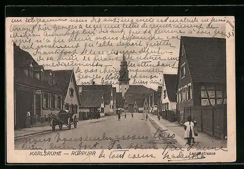 AK Karlsruhe-Rüppurr, Strassenpartie mit Fasswagen und Kirche
