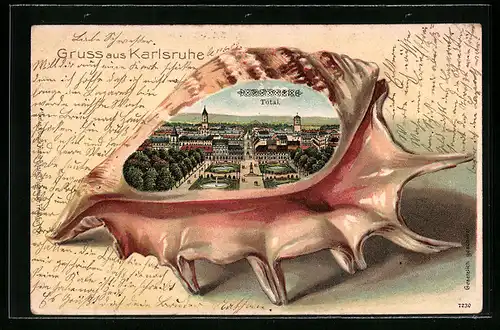 Präge-Passepartout-Lithographie Karlsruhe, Totalansicht in einer Muschel