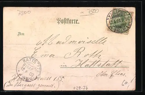 Präge-Passepartout-Lithographie Karlsruhe, Totalansicht in einer Muschel