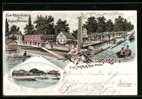 Lithographie Maxau /Baden, Gasthaus zum Rheinhafen August Melcher mit Herrenbad, Bootspartie und Schiffen