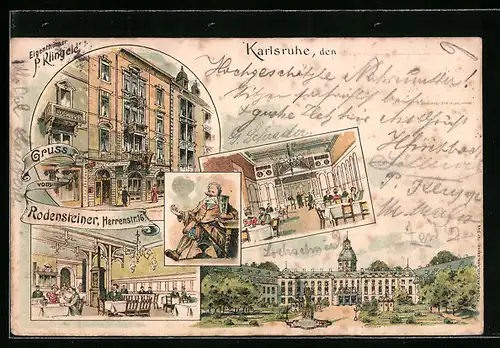 Lithographie Karlsruhe, Gasthaus Rodelsteiner P. Klingele, Herrenstrasse 16 mit Saal, Schloss mit Anlage