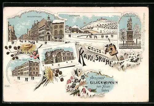 Winter-Lithographie Karlsruhe, Kaiserstrasse, Hoftheater, Polytechnikum
