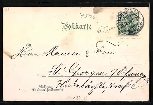 Winter-Lithographie Karlsruhe, Kaiserstrasse, Hoftheater, Polytechnikum