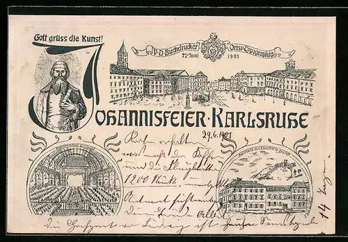 Künstler-AK Karlsruhe, Johannisfeier der Buchdruckerei 1901, Gutenberg, Colosseumssaal, Ortspartie