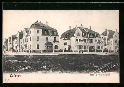 AK Karlsruhe, Bach- und Wentzstrasse mit Villen