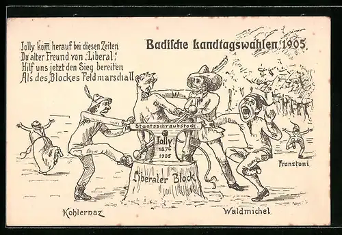 Künstler-AK Karlsruhe, Badische Landtagswahlen 1905, Jolly-Figur mit Schraubstock als Hilfe der Liberalen