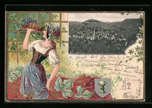 Passepartout-Lithographie Uhlbach, Gesamtansicht, Trachjtenmädchen mit Weintrauben, Wappen
