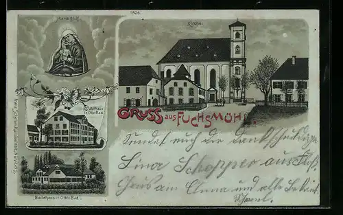 Mondschein-Lithographie Fuchsmühl, Kurhaus in Otto-Bad, Badehaus, Kirche