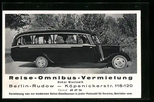 AK Berlin-Rudow, Reise-Omnibus-Vermietung Oskar Waclawik, Köpenickerstrasse 118-120