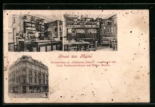 AK Mainz, Restaurant zur Fröhlichen Einkehr, Ecke Neubrunnenstrasse und Hintere Bleiche, Innenansichten