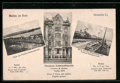 AK Mainz, Hotel-Pension Internationale, Rheinallee 3, Blick zum Rhein, Blick von der Rheinbrücke zur Hotel-Pension