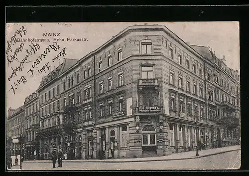 AK Mainz, Strasseneck Bahnhofstrasse und Parkusstrasse mit Geschäft von Frau Löwenstein Witwe