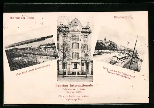 AK Mainz, Hotel-Pension Internationale, Rheinallee 3, Blick zum Rhein, Blick von der Rheinbrücke zur Hotel-Pension