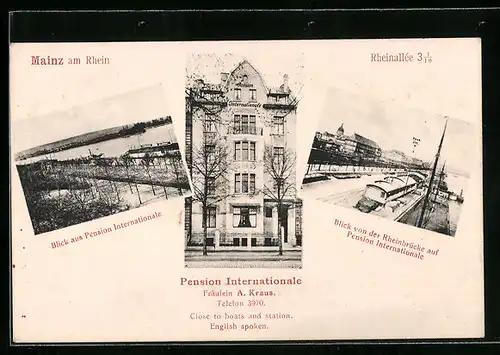 AK Mainz, Hotel-Pension Internationale, Rheinallee 3, Blick zum Rhein, Blick von der Rheinbrücke zur Hotel-Pension