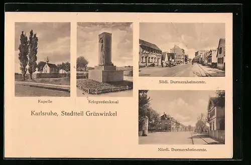 AK Karlsruhe-Grünwinkel, Kapelle, Kriegerdenkmal, Nördliche Durmersheimerstrasse