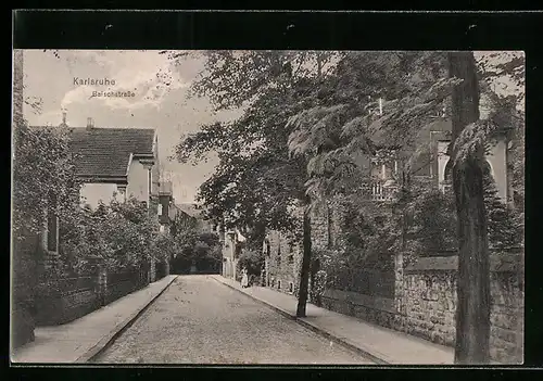 AK Karlsruhe, Baischstrasse mit Frau