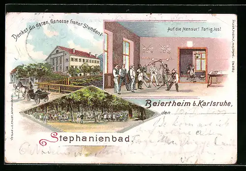 Lithographie Beiertheim b. Karlsruhe, Stephanienbad, Gartenwirtschaft, Studenten zur Mensur