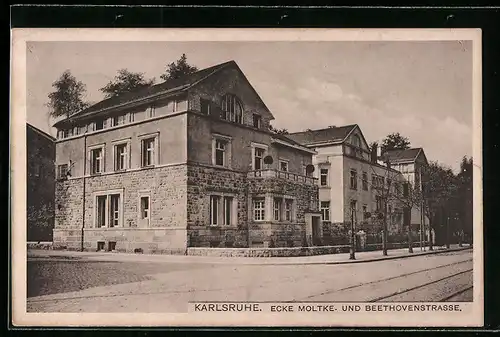 AK Karlsruhe, Strasseneck Moltke- und Beethovenstrasse mit Bäumen